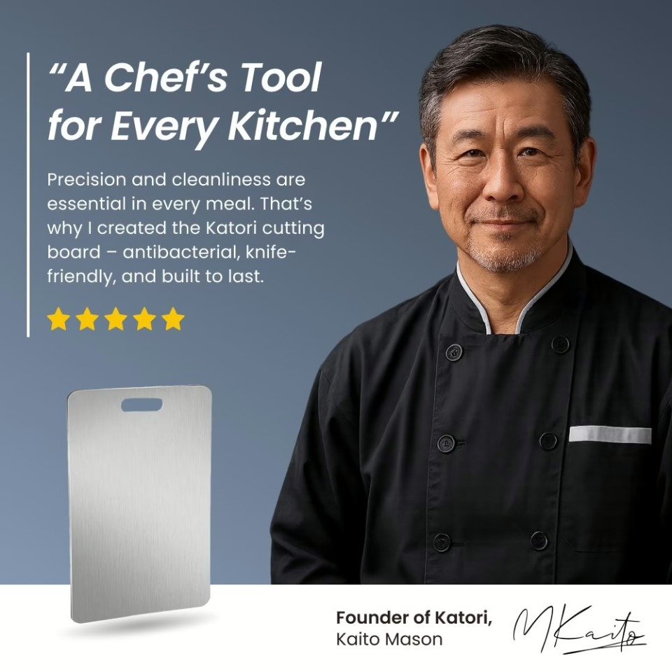 Katori titanium cutting board on a dark countertop